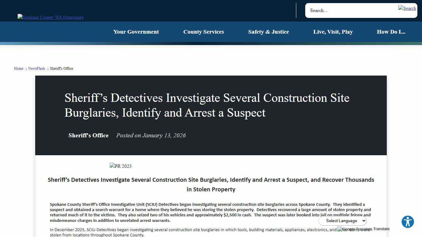 Sheriff’s Detectives Investigate Several Construction Site Burglaries, Identify and Arrest a Suspect • Spokane County, WA