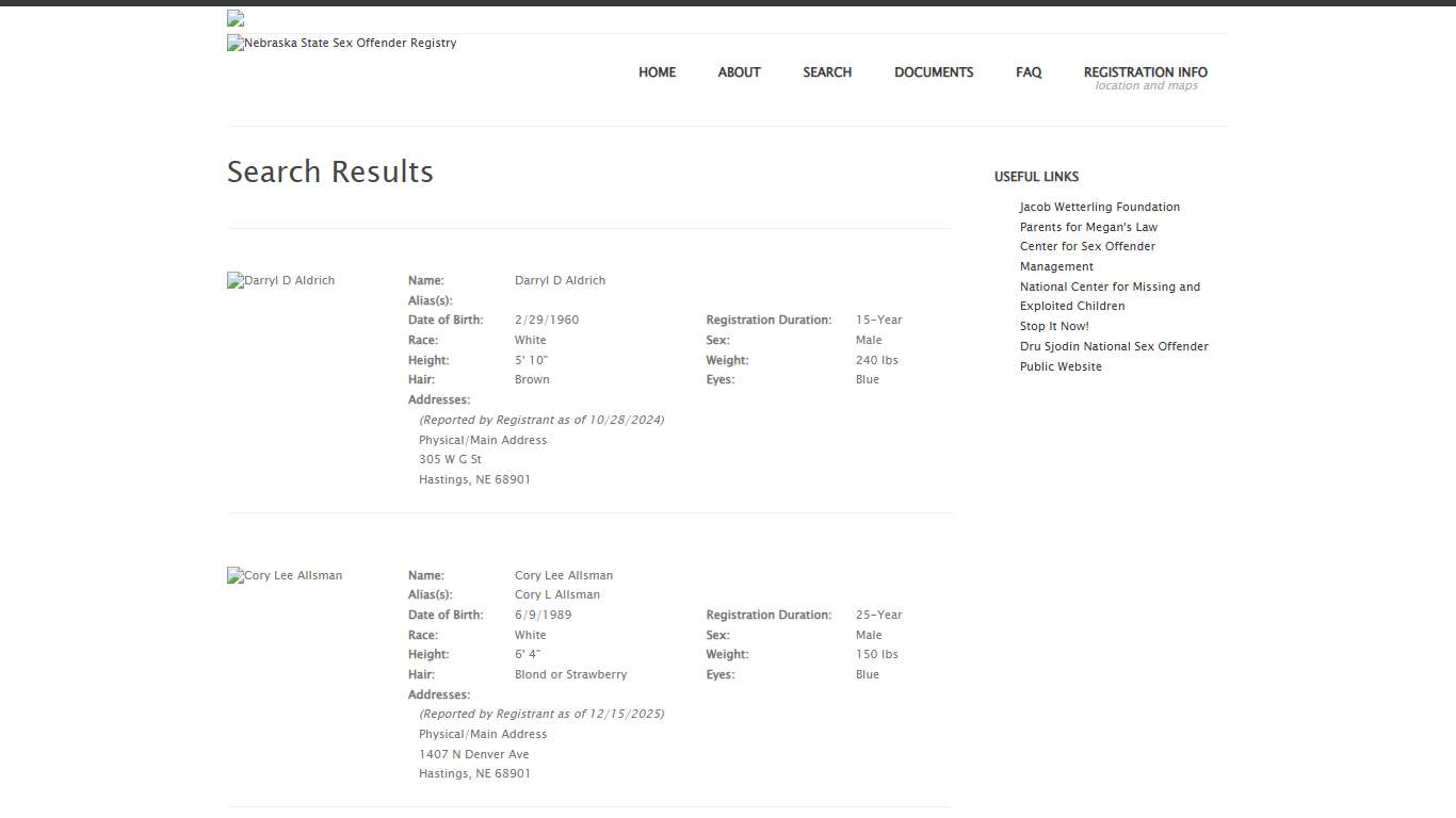 Nebraska Sex Offender Registry: Print Search Results